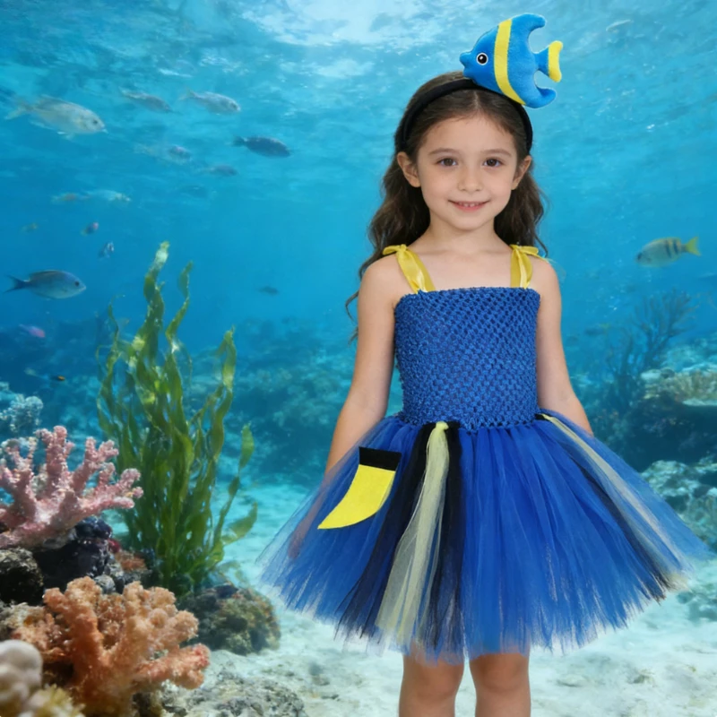 Vestido Tutú de Pez Payaso Azul para Niñas, Disfraz de Pez con Lazo de Pelo de Pez, Regalo de Cumpleaños para Niños, Disfraces de Halloween de Buscando a Dory