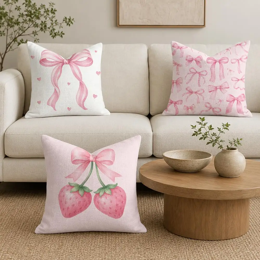 Pink Bow Cherry Cushion Cover Natural Linen Organic Fabric Double-Sided Printing Sofa Home Decor Gift Pillow Cover