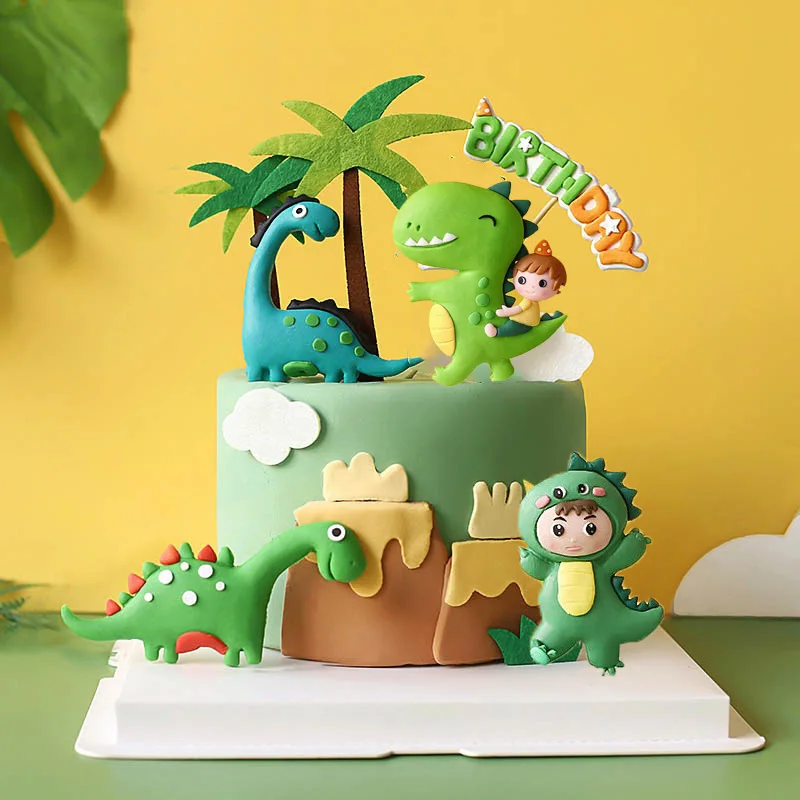 Roar Dinosaur Cake Topper Birthday Cake Decoration Child Party Gift 1st Birthday Party Decor Green Leaf Jungle Cake Decorating