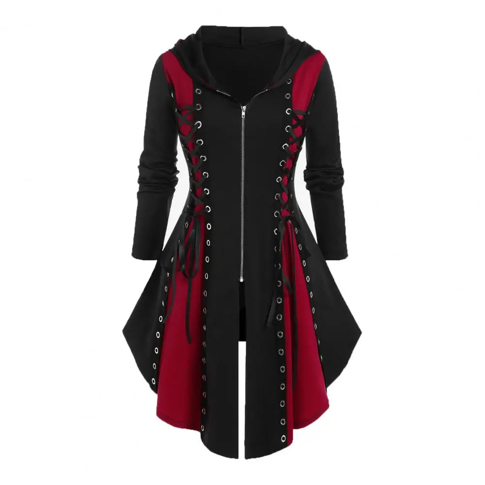 

Retro Style Dress Lace-up Strap Cosplay Dress with Irregular Hem Hooded Design for Women Halloween Festival Midi Dress