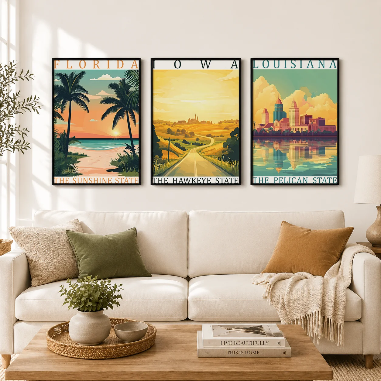 Vintage Wall Art, Retro Landscape Canvas Painting, American State Landmark Scenery Poster Prints for Cafe Living Room Home De