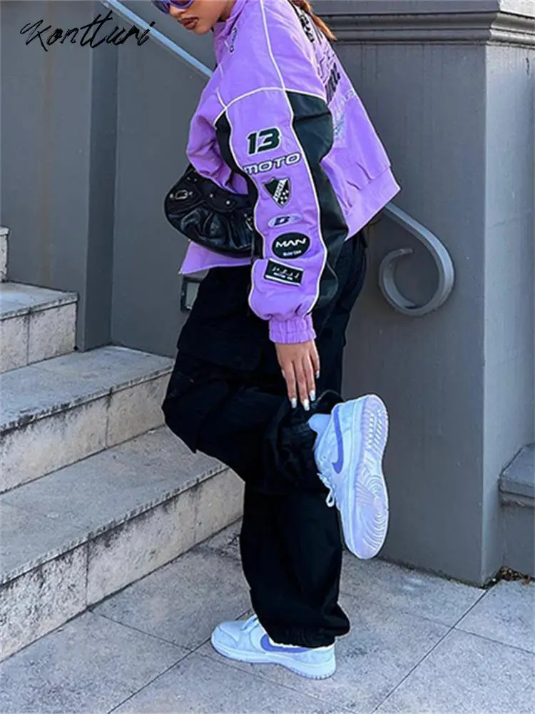 Kontturi Fall Casual Letter Print Jackets For Women 2023 O Neck Long Sleeve Zip Up Coat Streetwear Outfit Purple Varsity Jackets