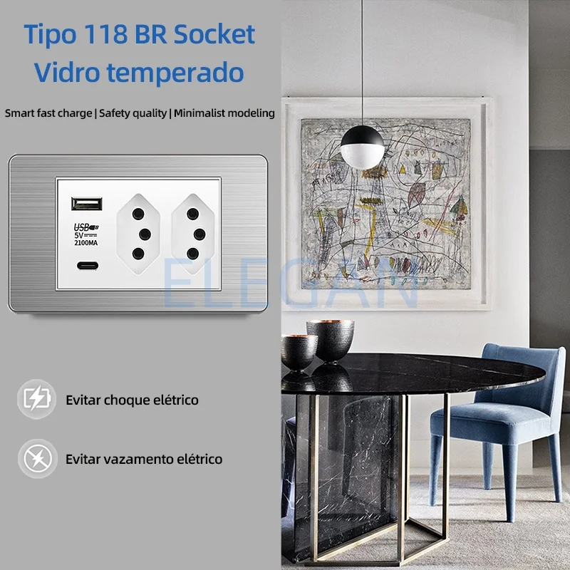ÉLÉGAN blanc brésil panneau en acier inoxydable prise Standard Double USB Type C prise de courant murale interrupteur de lumière bureau 118*74 10A 20A