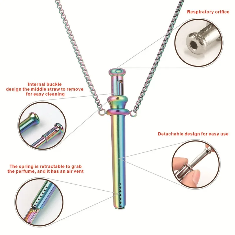 Breath Necklace Retractable Perfume Extractor Straw Relieve Anxiety Stress Reduction Titanium Steel Geometric Shape Jewelry