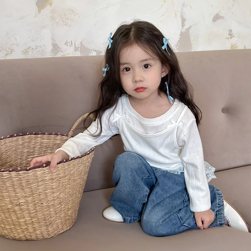 Baby Girls Pants Fashion Lace Loose Straight Jeans 2024 Autumn New Korean Style Childrens Wide Leg Pants