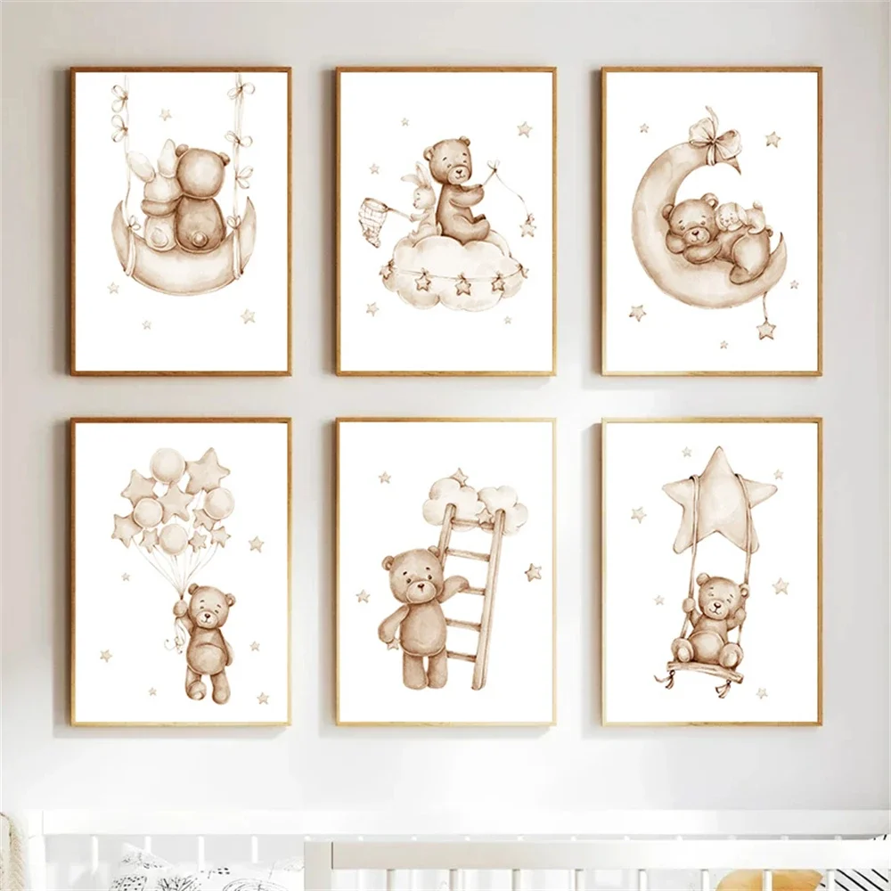 Cartoon Rabbit Bear Canvas Painting Star Cloud Moon Posters and Prints Nursery Wall Art Nordic Print Pictures Kids Room Decor