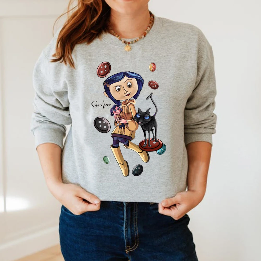 Cute Coraline and Cat Halloween Sweatshirt, Vintage Coraline Cartoon Halloween Hoody, Coraline Doll and Wybie Hoodie Fan Gift