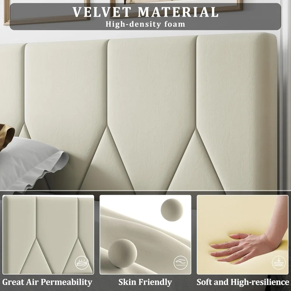 إطار سرير بمنصة رأس مخملية فاخرة مع دعم مرتبة منجد بالكامل