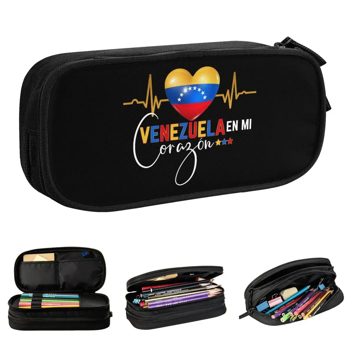 

Fashion Venezuela En El Corazon Venezuelan Pride Pencil Case Pouch Pen Box for Student Large Bag Office Gifts Stationery