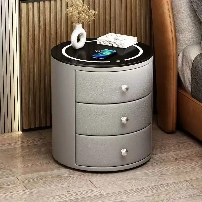 

Round Shape Nightstand Solid Wooden Bedside Smart Coffee Table With Wireless Charger Bluetooth Speaker For Bedroom Home