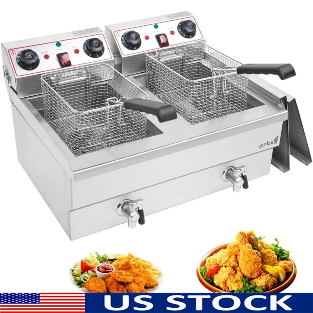 مقلاة كهربائية عميقة 3400 وات مع خزانات مزدوجة، مؤقت درجة حرارة قابل للتعديل، مقلاة عميقة تجارية من الفولاذ المقاوم للصدأ مع غطاء وسلة