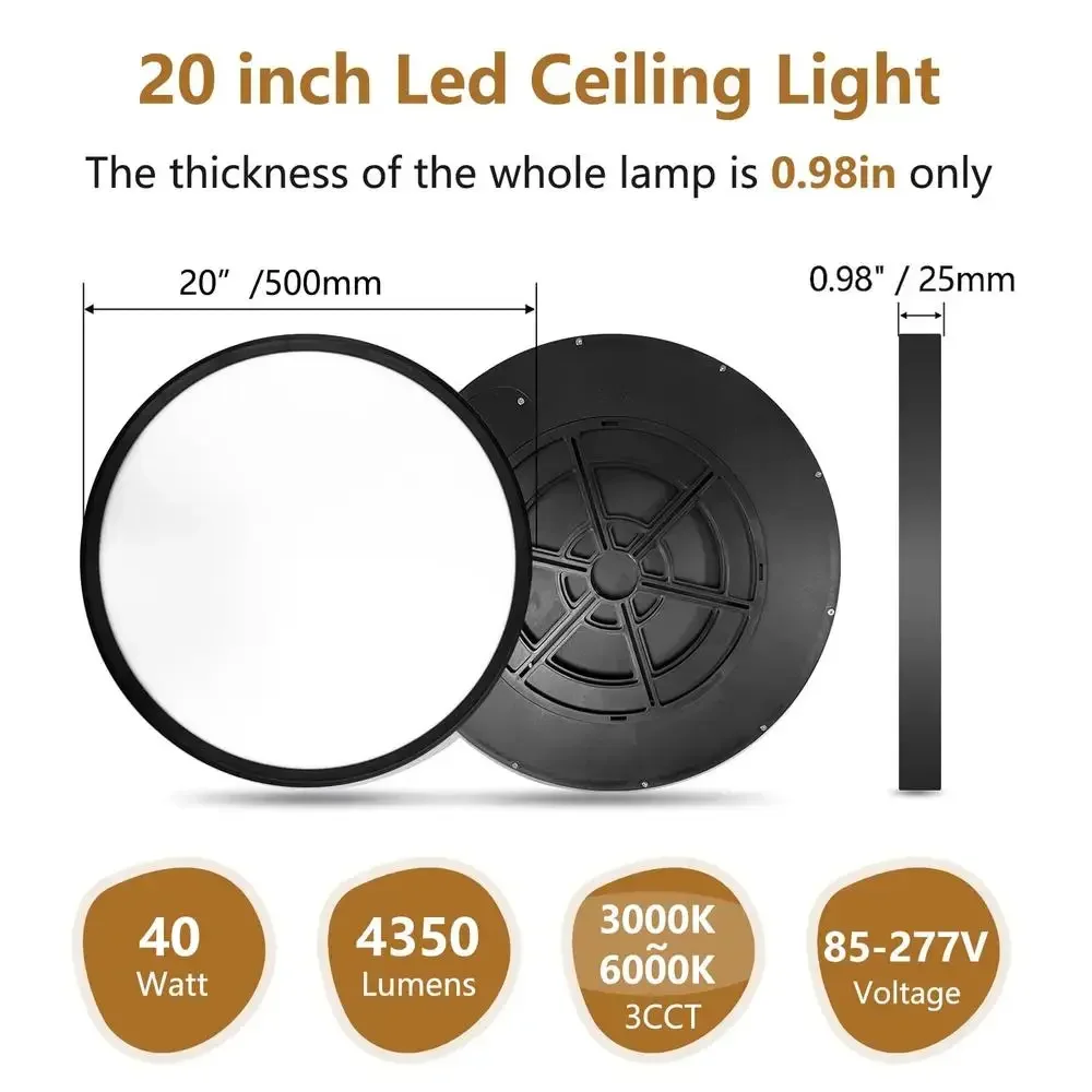 20 Inch Super Slim LED Ceiling Light 40W 4350LM Waterproof IP42 3 Color Temperatures Home Lighting