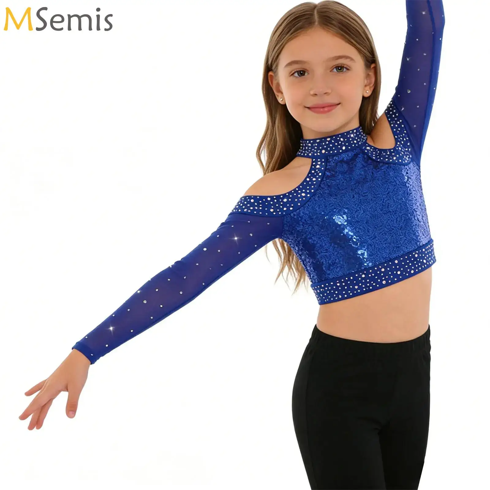 

Kids Girls Lyrical Ballet Dance Figure Skating Performance Costume Shiny Rhinestones Dance Tops V-Neck Long Sleeve Mesh Crop Top