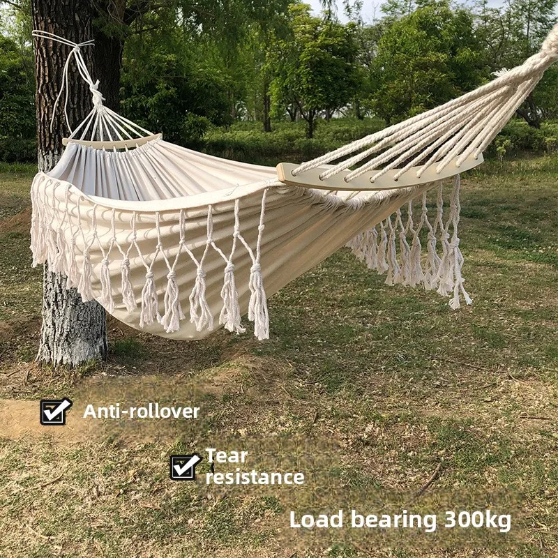 Bohemian Double Hammock for 2 Person, Red White Striped Pattern with Tassels, Heavy Duty Rope Outdoor Hammock with Carry Bag
