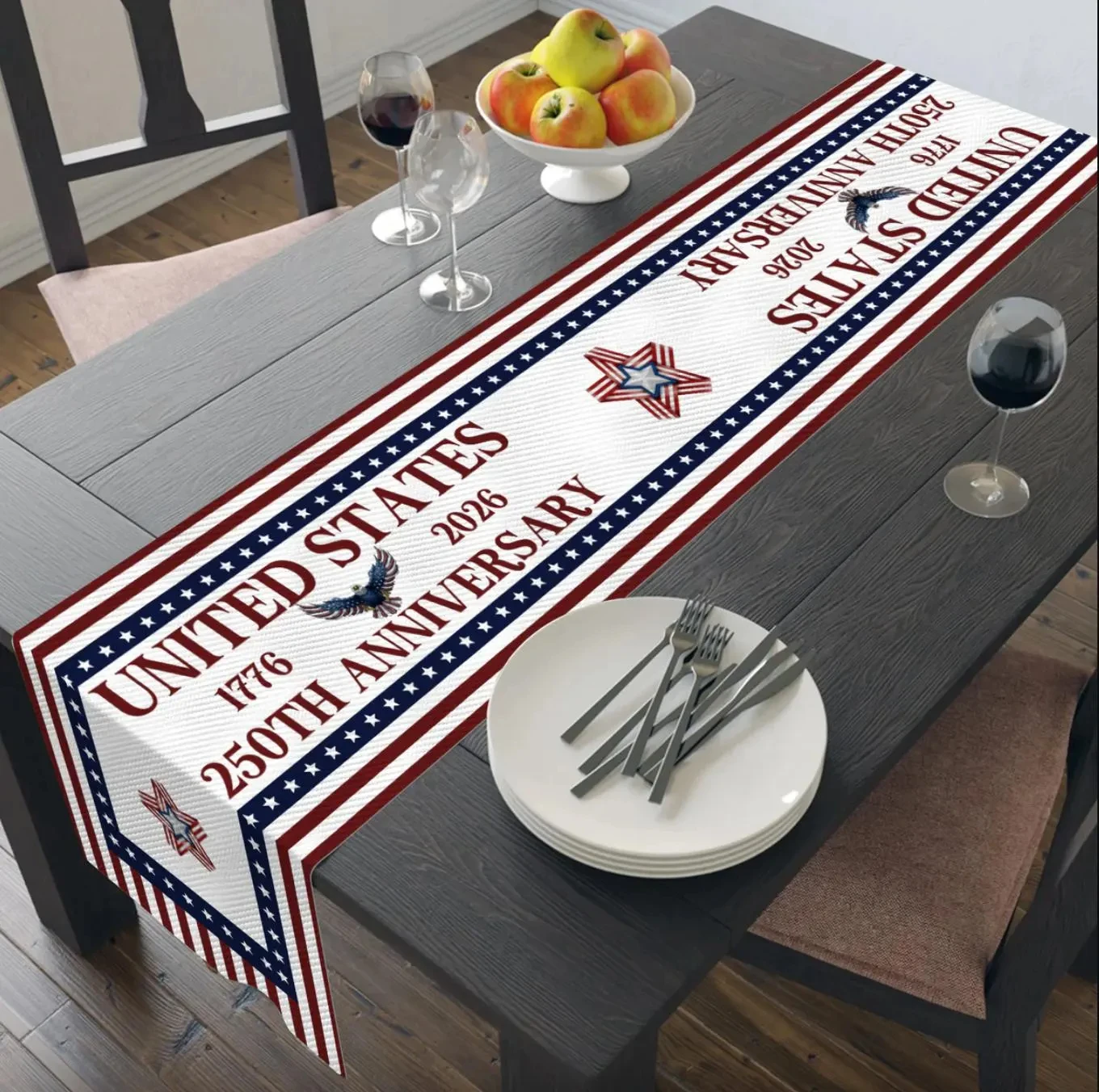 

1pc Independence Day USA 250th Anniversary Linen Table Runner, 2D Stars & Stripes Print, Dining Kitchen Living Room Patriotic De