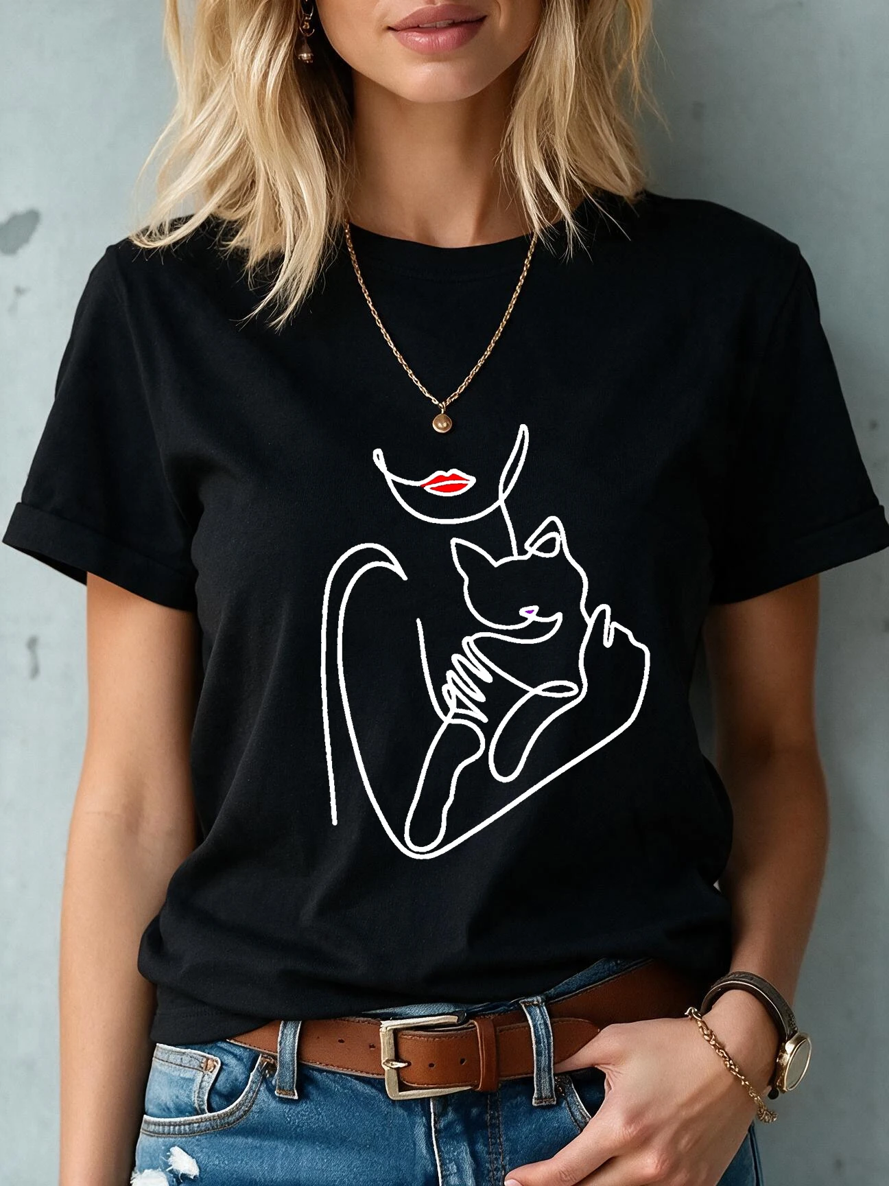 Women' Graphic T-Shirt with An Abstract Figure Holding A Kitten Design Print Casual Short Sleeve T Shirt Vintage Clothes Female