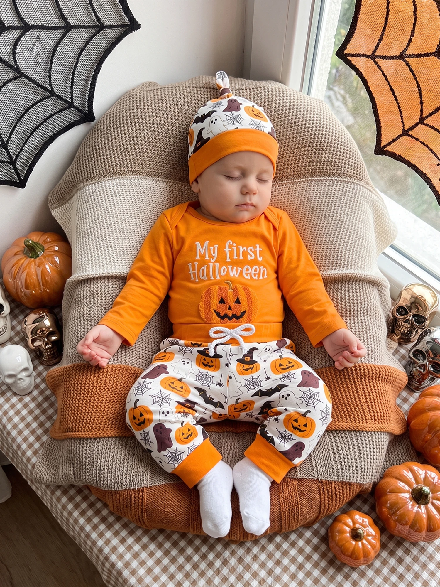 With Pants Baby Boy Long Sleeve Pumpkin Hat Pumpkin Romper Boy Long Sleeve Pants Latest Baby Boy Halloween