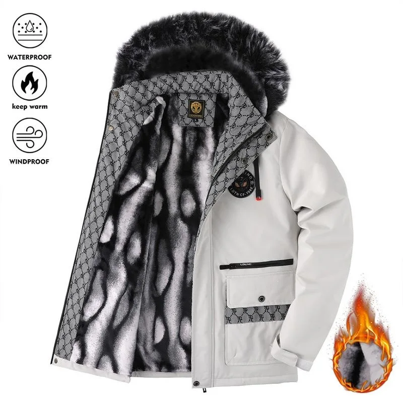 

Men's Winter Cotton Jacket with Large Fur Collar Wear Resistant Outdoor Long Style Couple's Clothing Middle Age Fashion