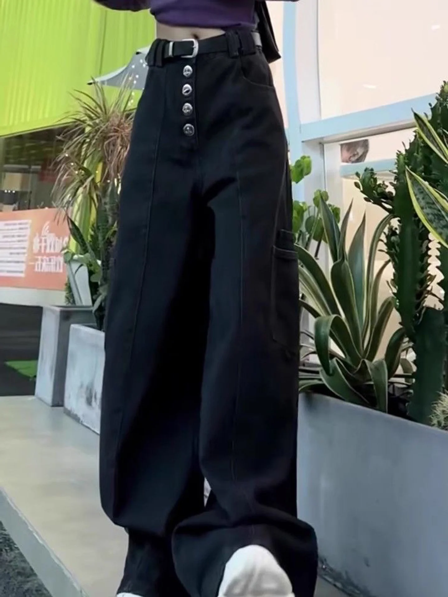 American Style High Waist Wide Leg Denim Jeans Women's Loose Floor-Length Pants Fashionable Black Button-Up Casual Trousers