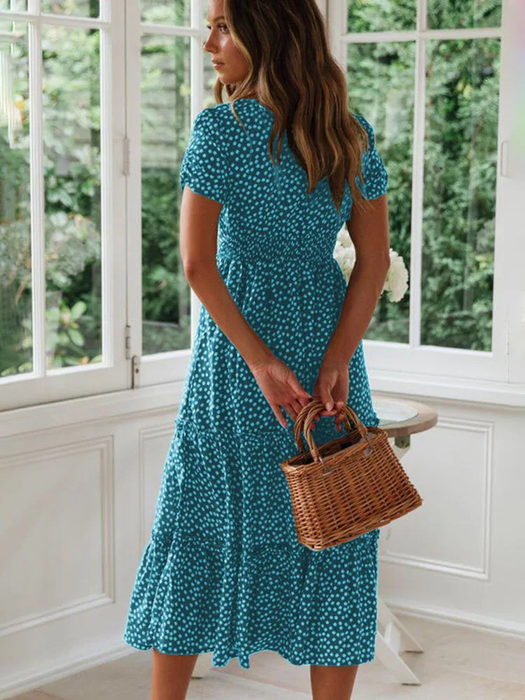 Sexy Square Collar Floral Print Midi Dress 2024 Women\'s Summer Puff Short Sleeve Ruffles Casual Party Dresses For Women Robe