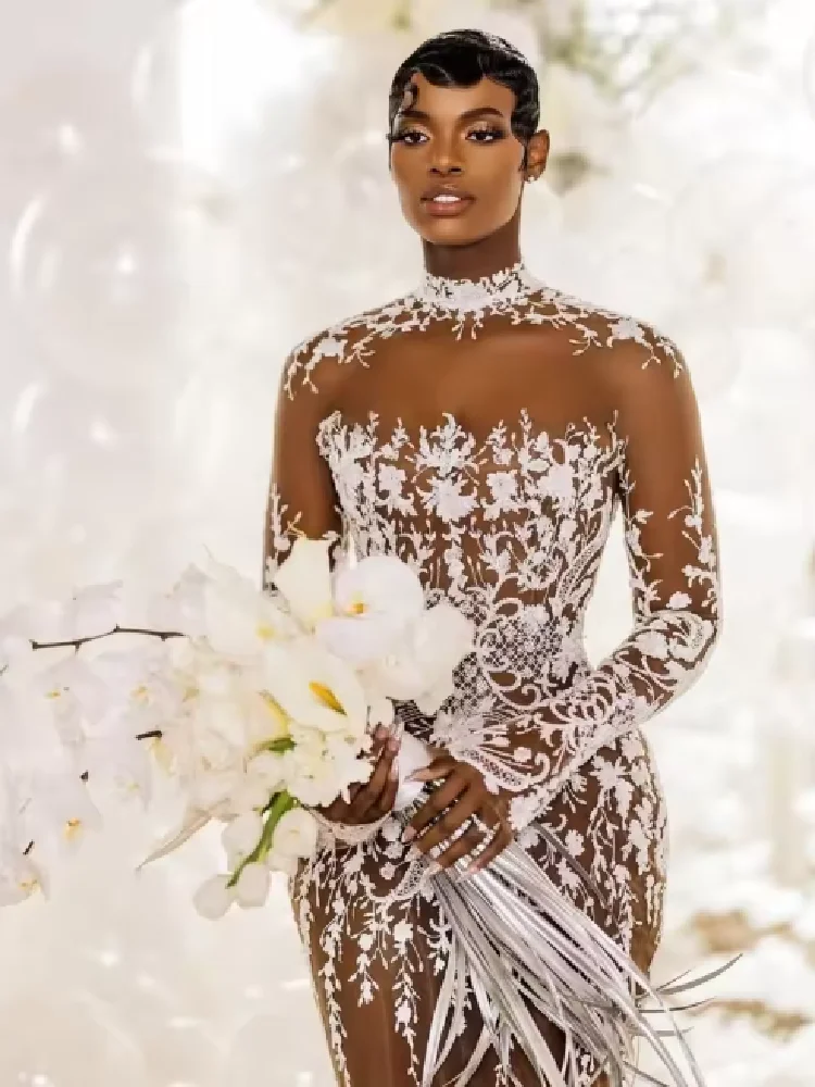 Sexy tulle see-through feeling bridal dress custom high neck appliqué long sleeve fishtail wedding dress customized