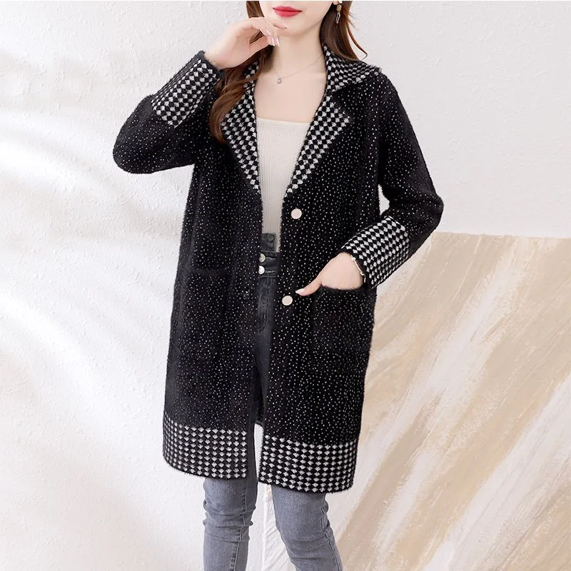 Mink Velvet Women\'s Jacket Knitted Cardigan Long Outwear Autumn Winter 2023 New Thick Woolen Coat Korean Female Fashion Tide Top