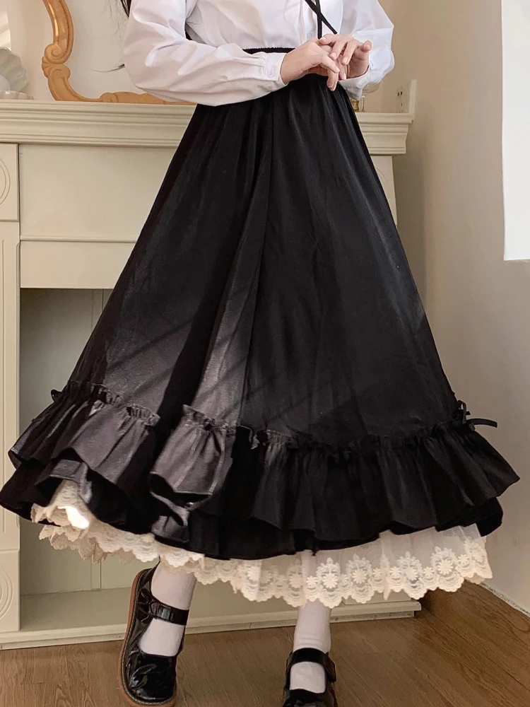 Japanese Sweet Lolita Style Black White Double-Deck Skirt Women\'S Summer High Waist Velvet Cute Kawaii Ruffles Midi Skirt Female