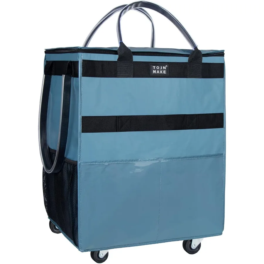 Grand sac d'épicerie réutilisable bleu sur roulettes avec 8 poches et housse à glissière pour un shopping efficace, fourre-tout pliable à roulettes avec Hea