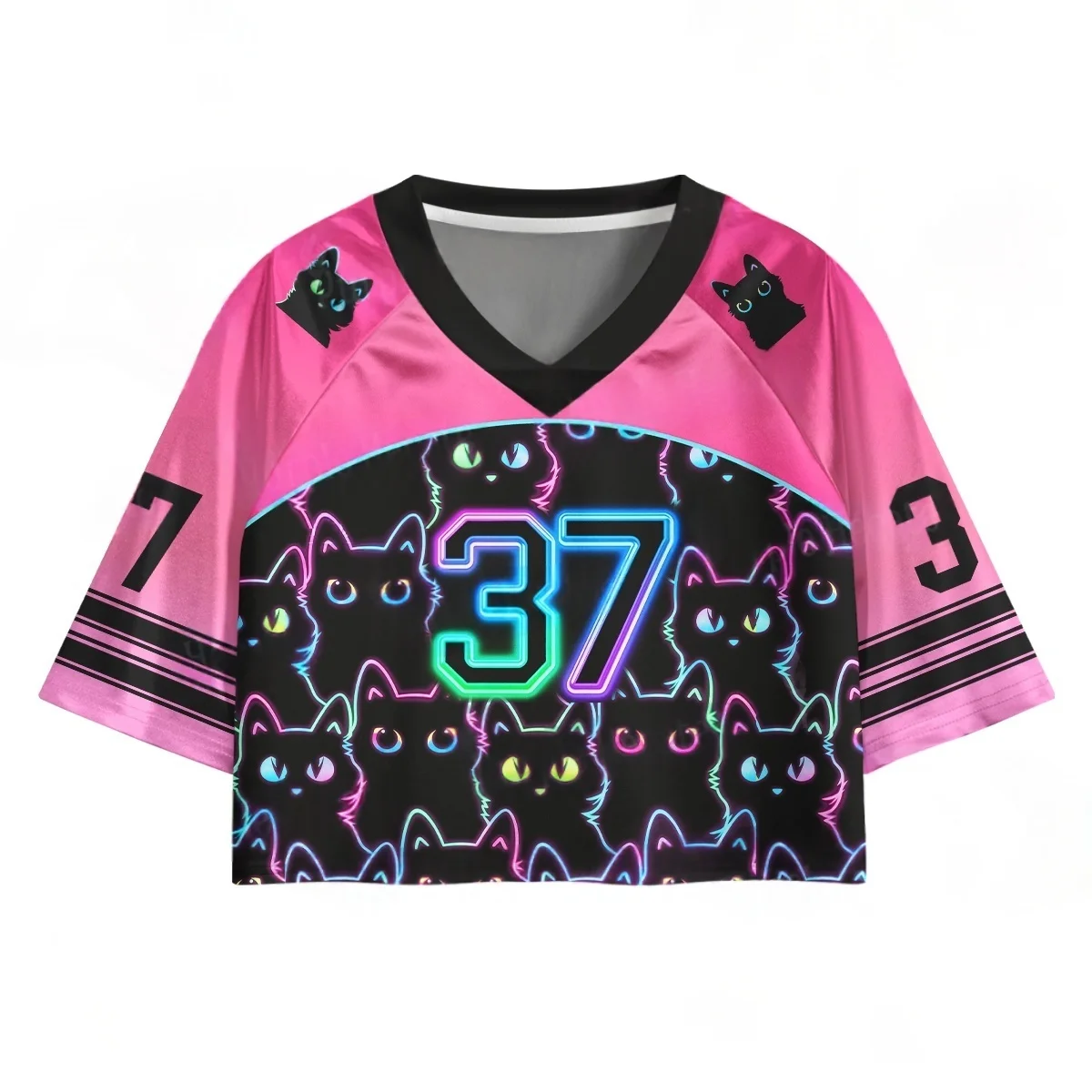 Neon Black Cat Group 3D Printed Short Jersey Style T-shirt, Y2K Spicy Girl Style Subculture Street Style Contrasting Color Top