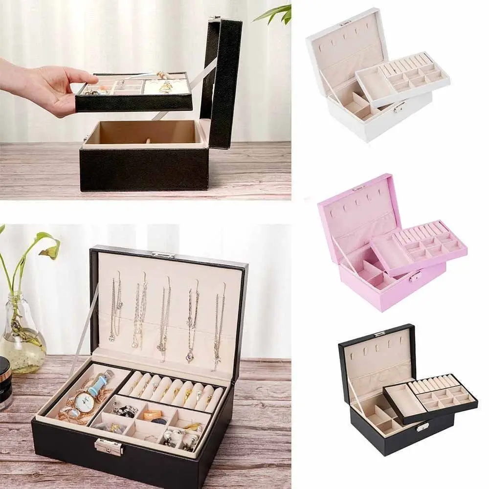 

2 Layer Double-layer Jewelry Box PU Leather with Lock Leather Jewelry Organizer Dustproof Large Capacity Jewelry Display Case