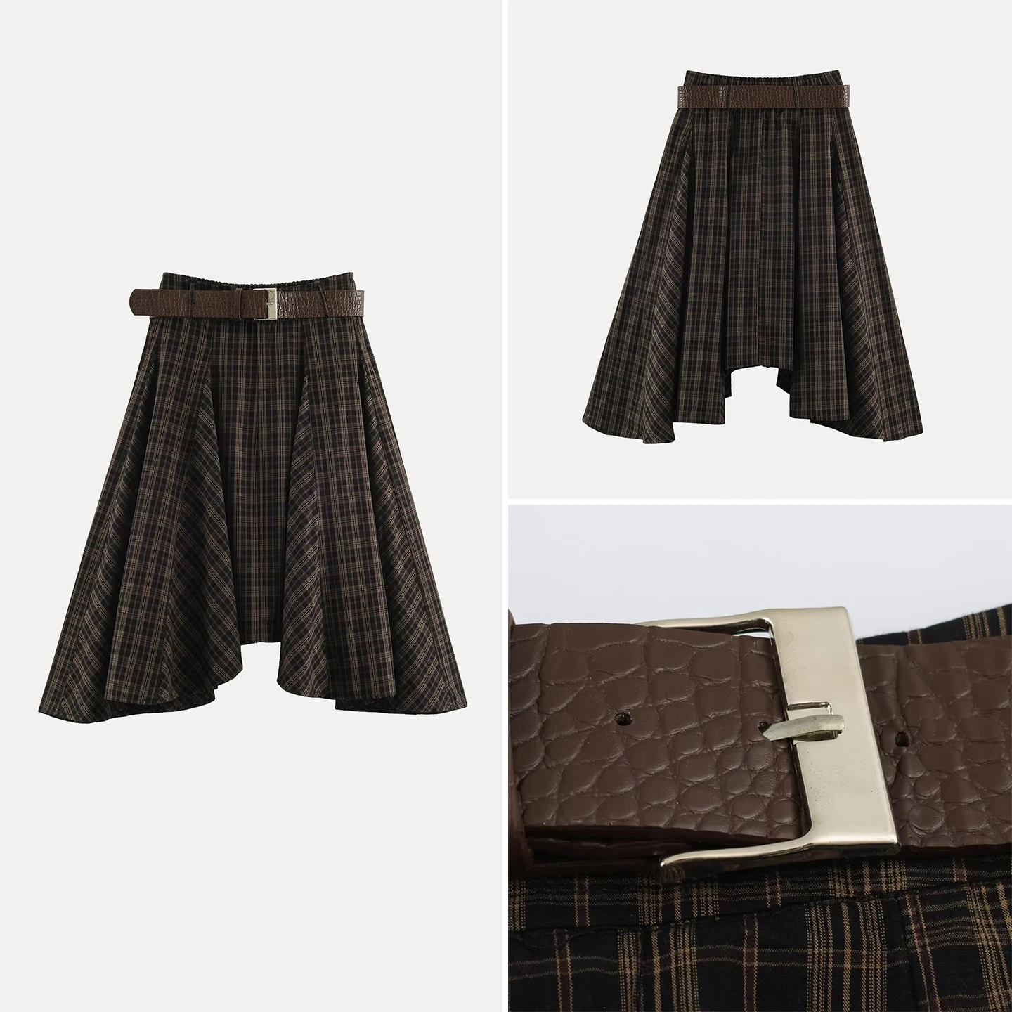 Fashionable Vintage Women's Skirt with Belt Autumn Collection Asymmetrical Plaid Half-length Standard Fit Other Material 100%
