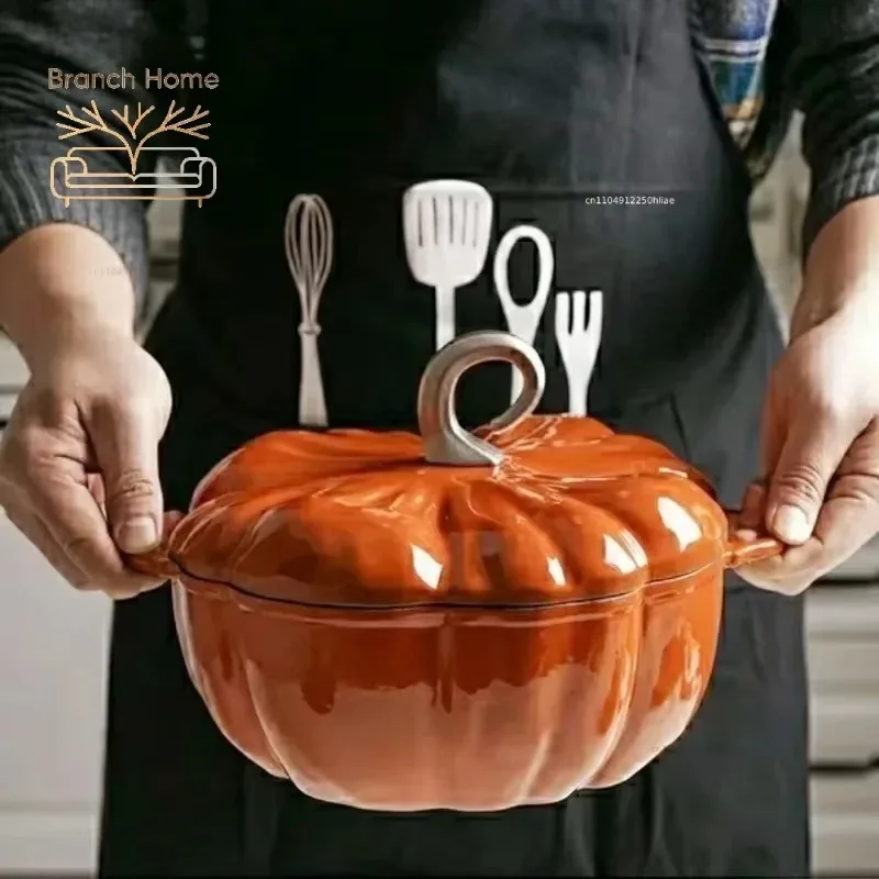 3.7L Enamel Coated Cookware Pumpkin Enameled Cast Iron Cooking Pot NonStick Enamel Pot Casserole Dish 12inch for All Heat Source