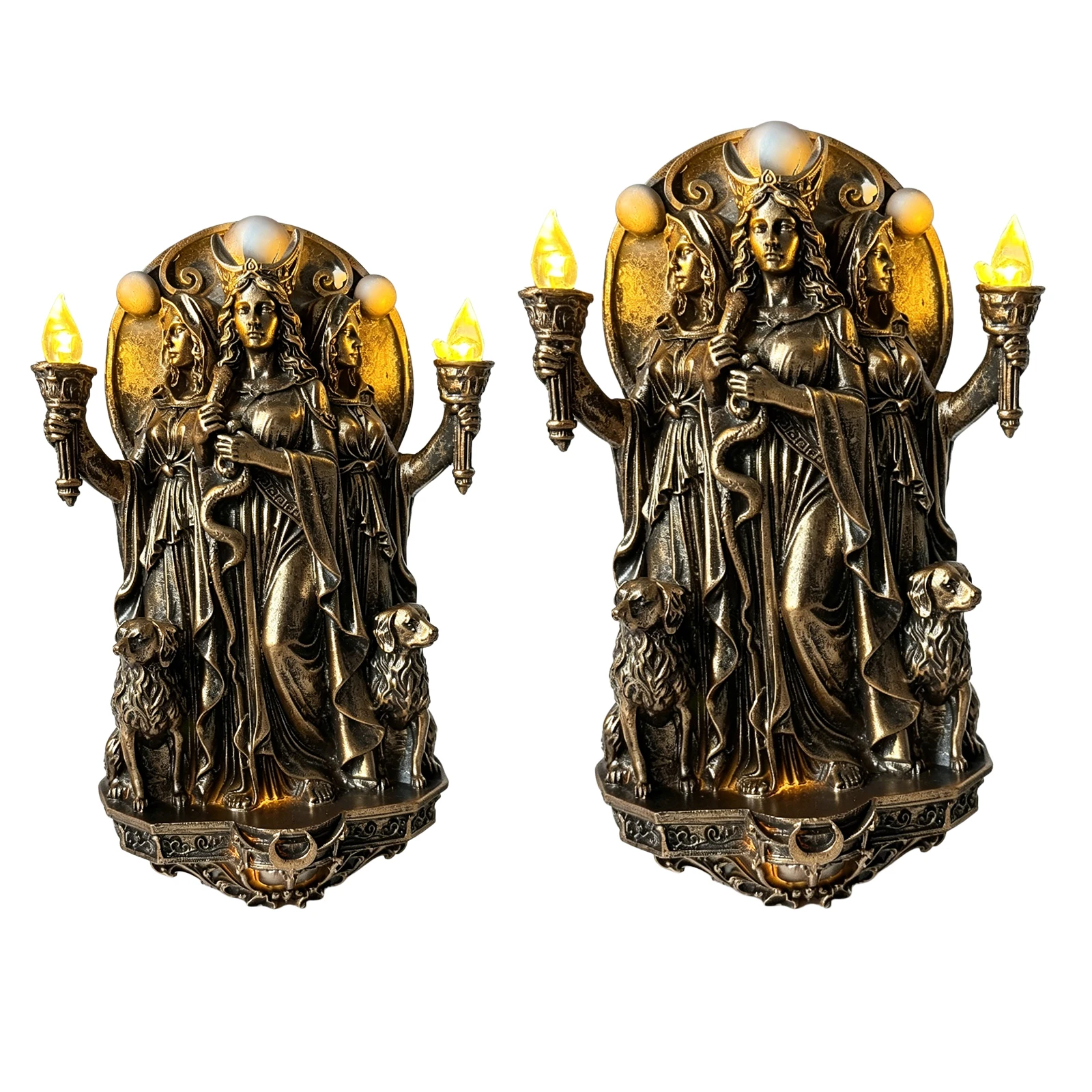Triple Goddess Wall Lamp with Torches & Dogs Wall Mounted Lights Cordless Design Sconce Lamps for Bedroom Stair Hallway