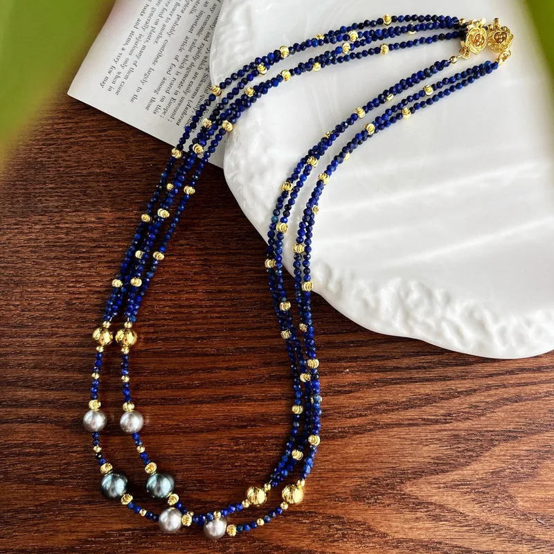 High-quality natural lapis lazuli crystal round bead and pearl multi-layer clavicle chain necklace