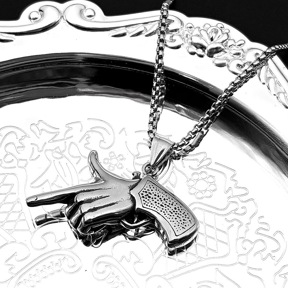 

Hiphop Pistol Gesture Punk Chain For Women Men Stainless Steel Black Creative Male Street Finger Necklace Jewelry Accessory