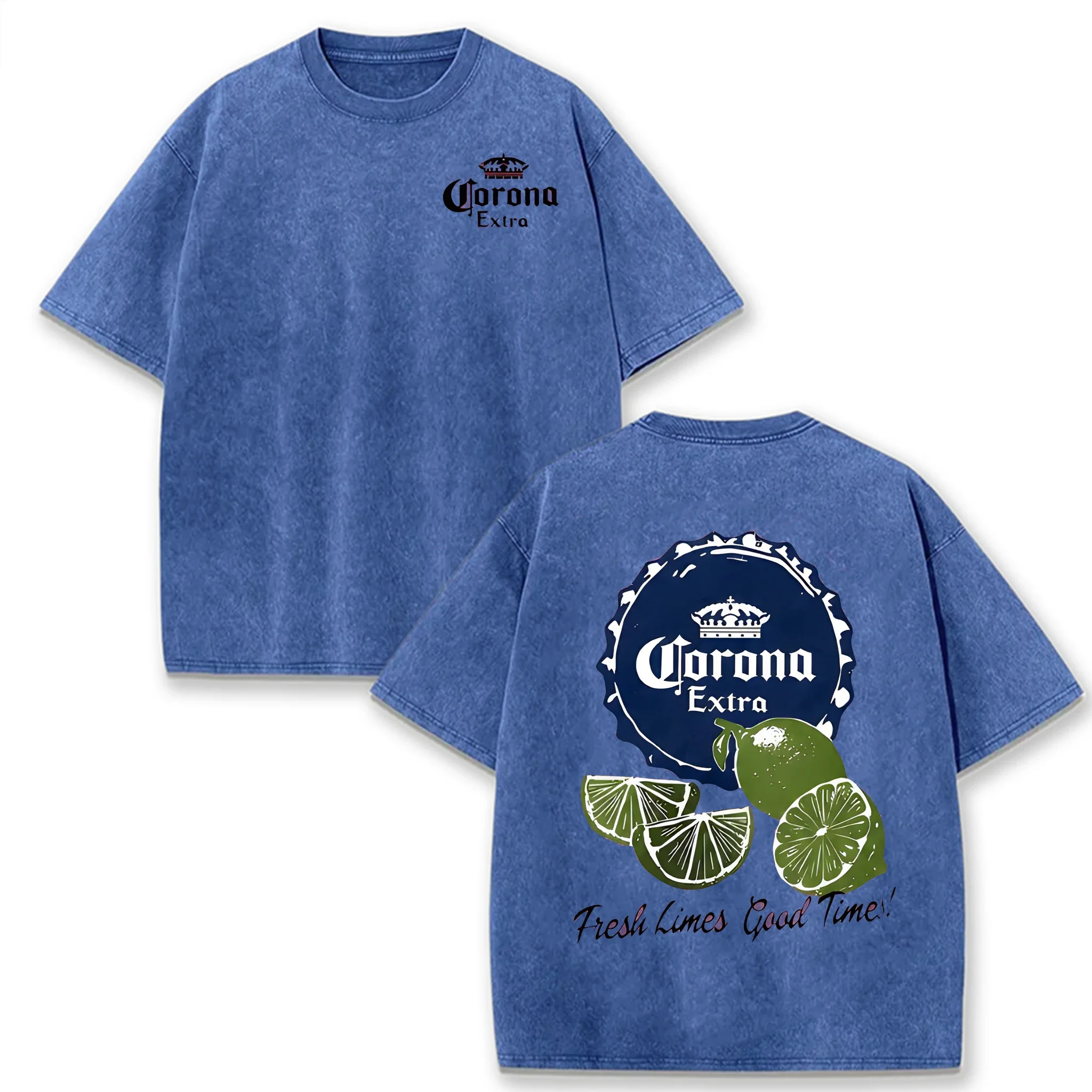2026 American Retro T-shirt 100% Pure Cotton Double-Sided Distressed Print Beer Lime Fun Letter Graphic Tees Streetwear Daily