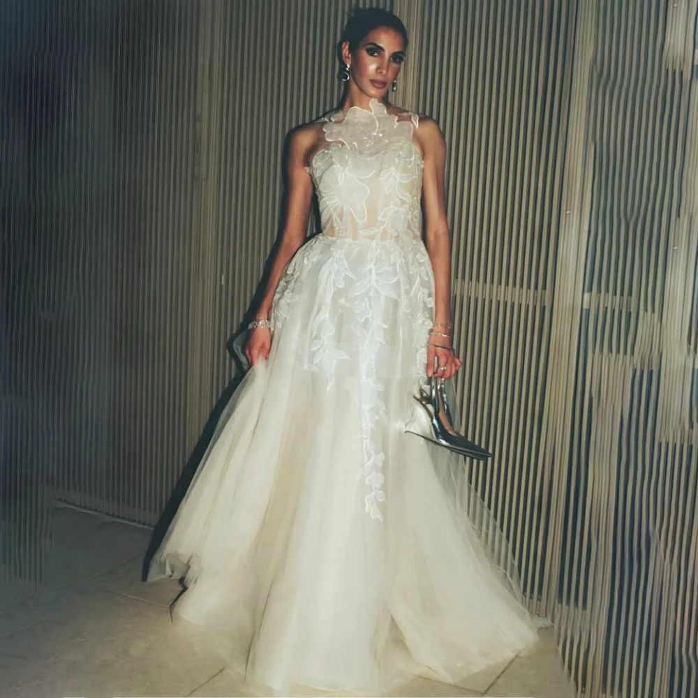 Customized Ivory Tulle Bride Gown High Neck 3D Floral Lace Sleeveless Lace Up Back A-Line Floor Length Wedding Dress
