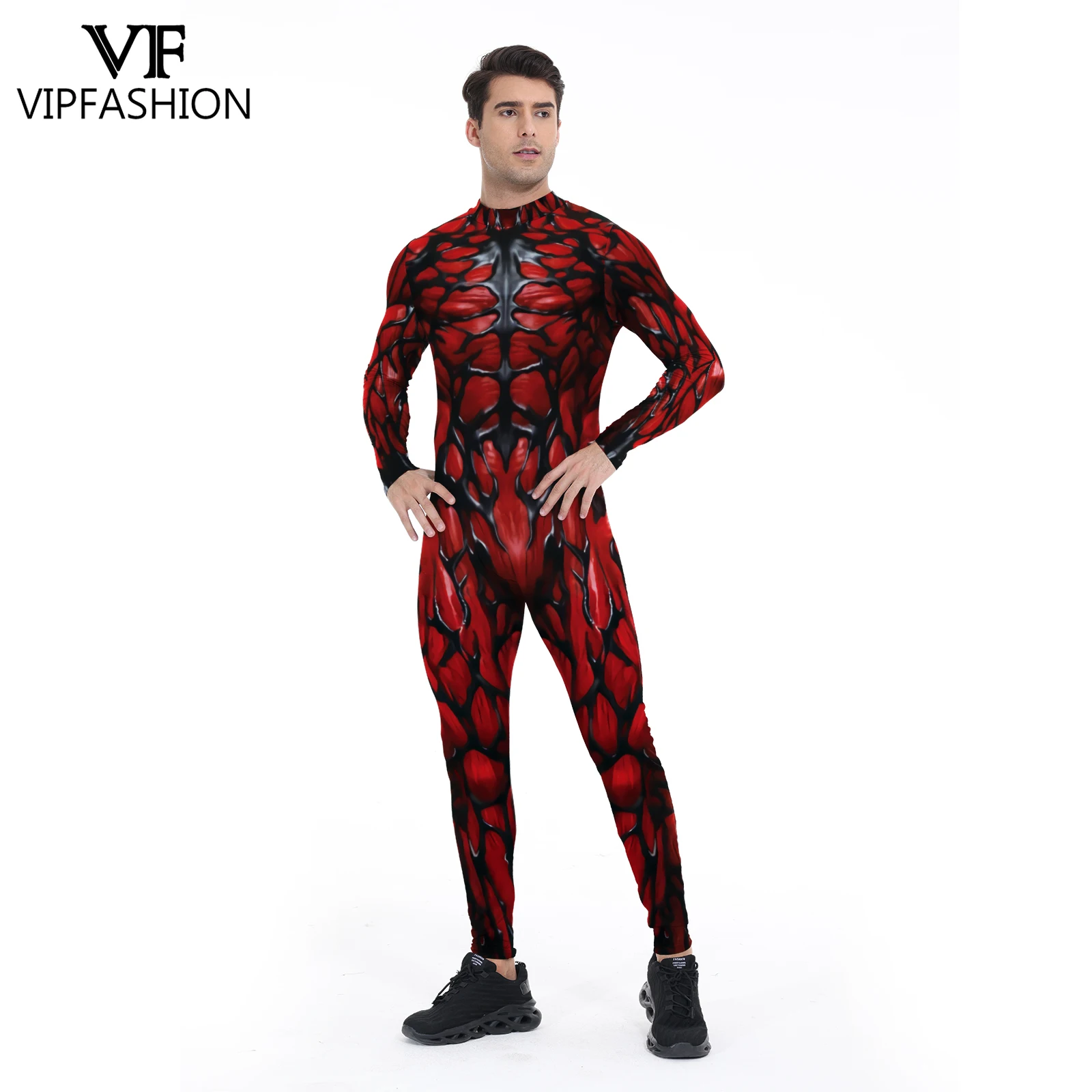 

VIP FASHION Men Halloween Superhero Muscle Red Bodysuit 3D Vein Print Cosplay Jumpsuit Fancy Party Costume Spandex Zentai Suit