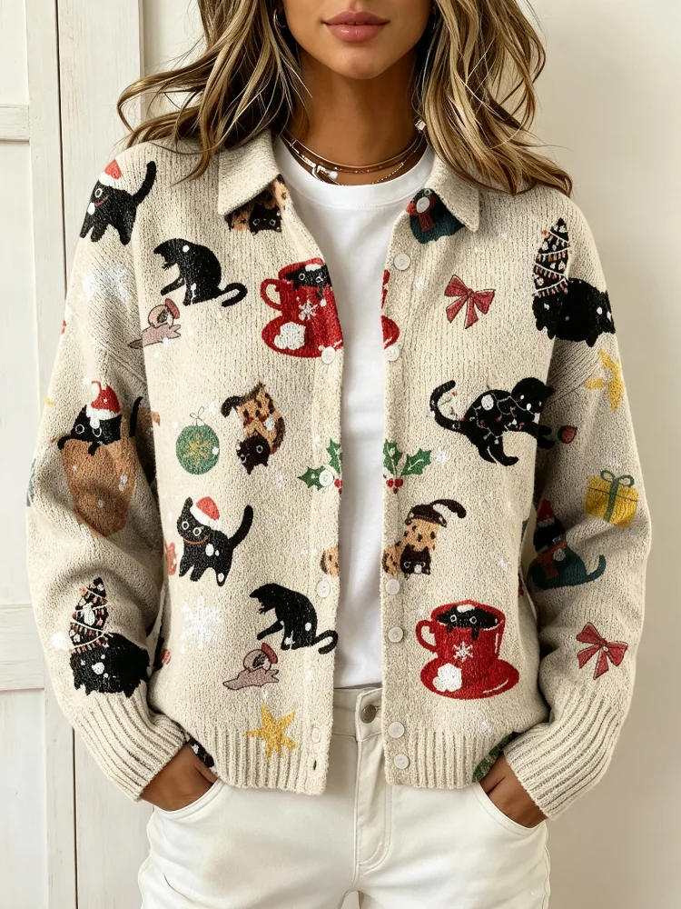 Christmas Women's Cat-Pattern Knitted Cardigan, a Cute Long-Sleeved Knitted Top with a Front Button Design, a Festive Style Winter Casual Coat.