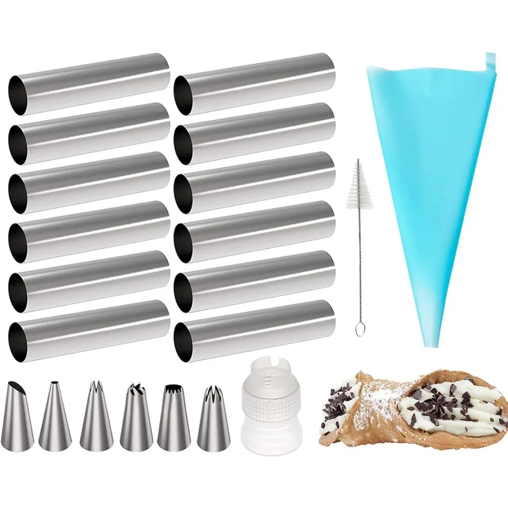 21PCS Stainless Steel Cannoli Tubes Molds with Cleaning Brush Decorative Mouths Cream Bag Non-stick Cream Horn Croissant Molds