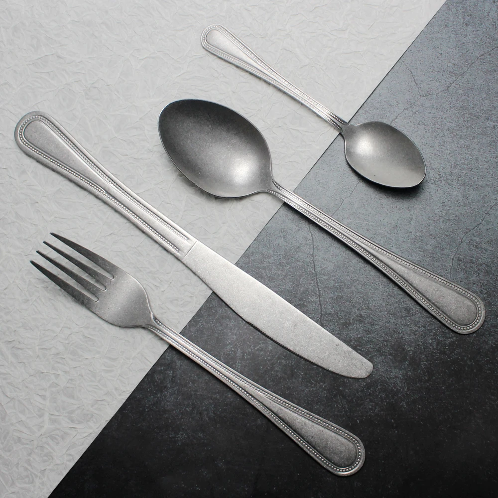 Classic Royal Vintage Style Stainless Steel Matte/Mirror Polish Retro Cutlery Set 4 In 1 Dinnerware Photography Movie Props