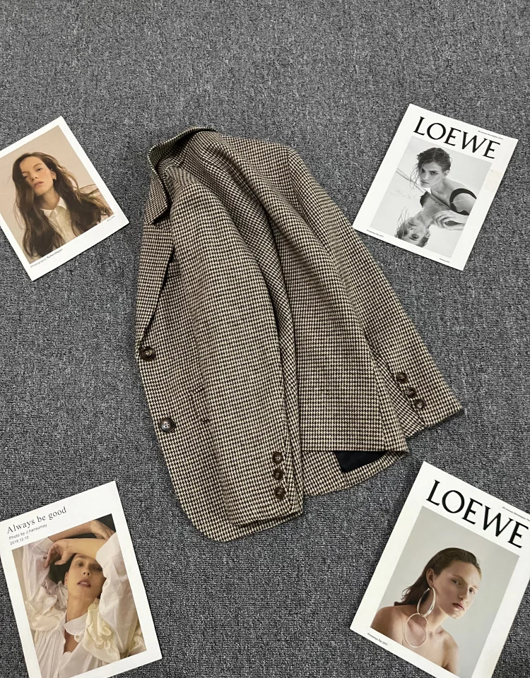 Giacca decorativa tascabile monopetto scozzese casual da donna, autunno e inverno