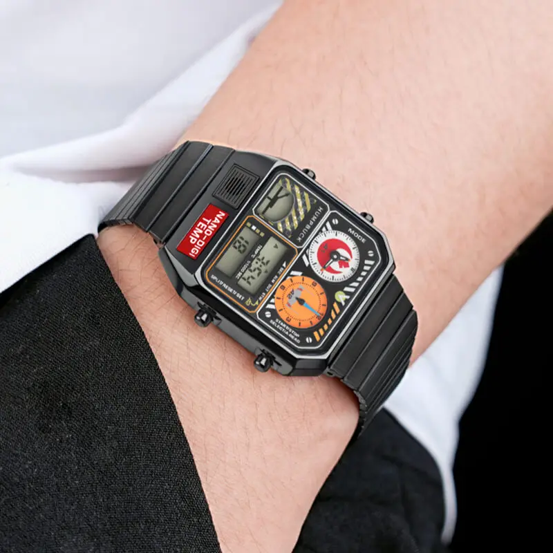 ساعة يد HUMPBUCK DIGITEMP كاجوال مقاومة للماء موديل رياضي مع ضوء LED وكرونوغراف ثانية 1/1000
