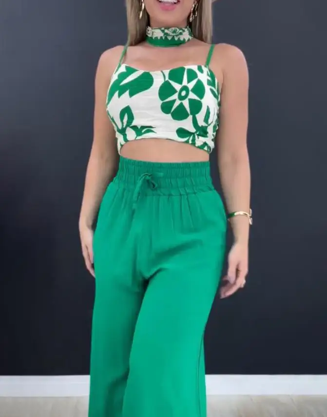 2-piece printed cold shoulder spaghetti strap shirt vest and high waisted drawstring pants set for summer new women's clothing