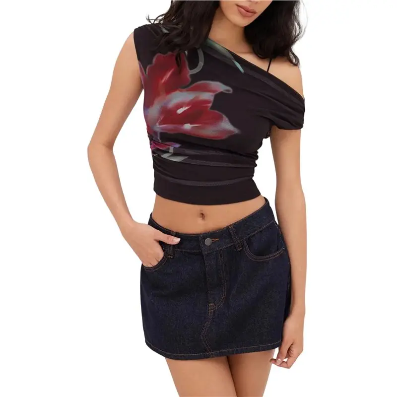 NEW-Womens Summer Floral Going Out Tank Tops Off Shoulder Slim Fit Y2K Crop Mesh Top Vacation Outfits