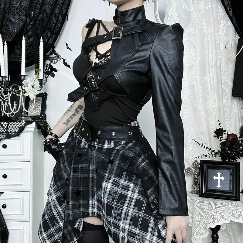 Punk Gothic Asymmetric One Shoulder Crop Top Faux Leather Single Sleeve Choker Buckle Harness Cutout Slim Cropped Streetwear
