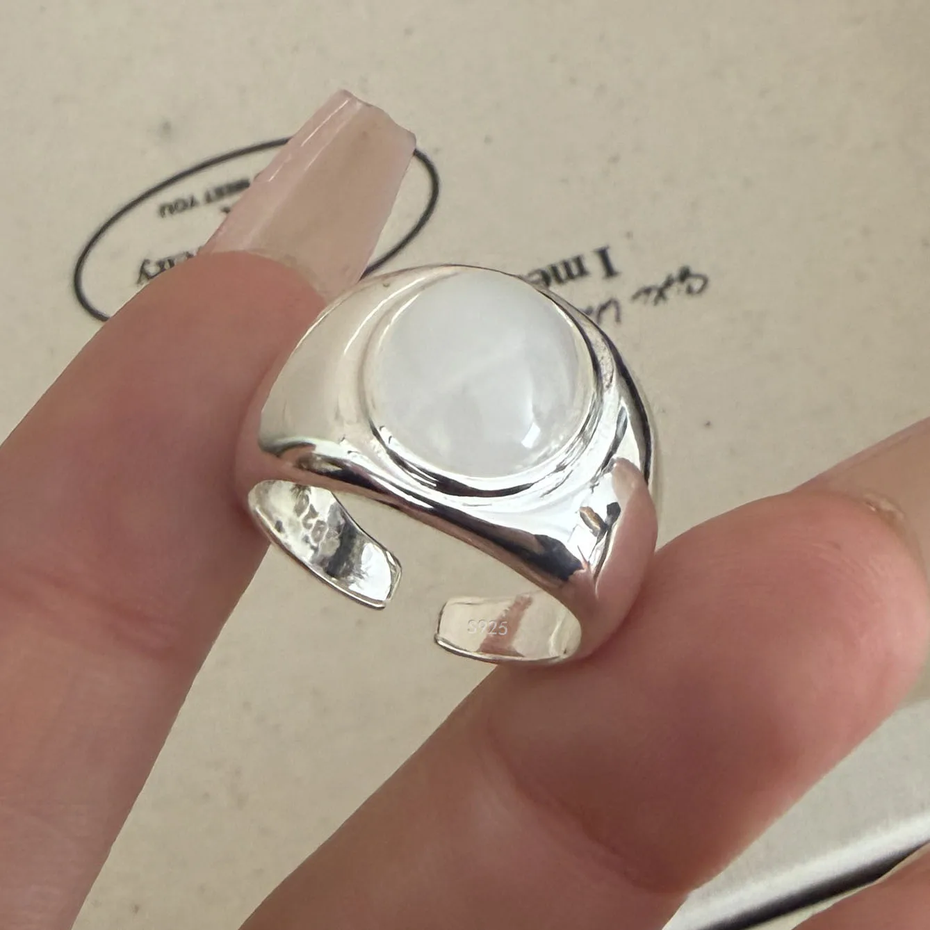 925 Sterling Silver Rings For Women Simple Vintage Handmade Adjustable Finger White Oval Ring Fashion Band Female Bijoux Gift