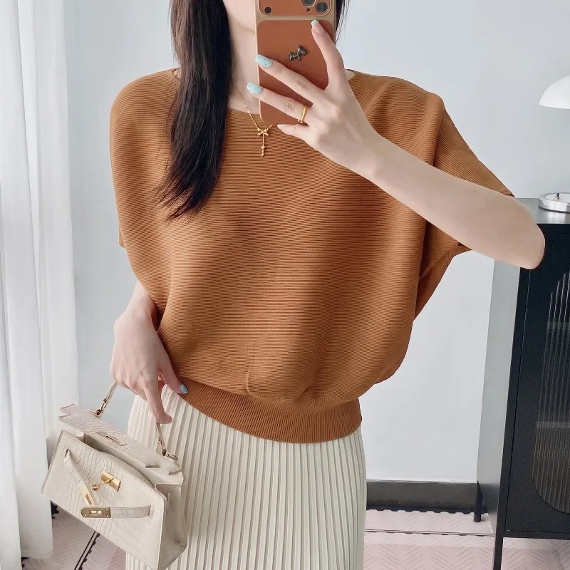 Miyake Pleated T-Shirt New Loose Batwing Sleeve Round Neck Waist-Tight Simple Casual Top Women's Lightweight Stretchy Clothing