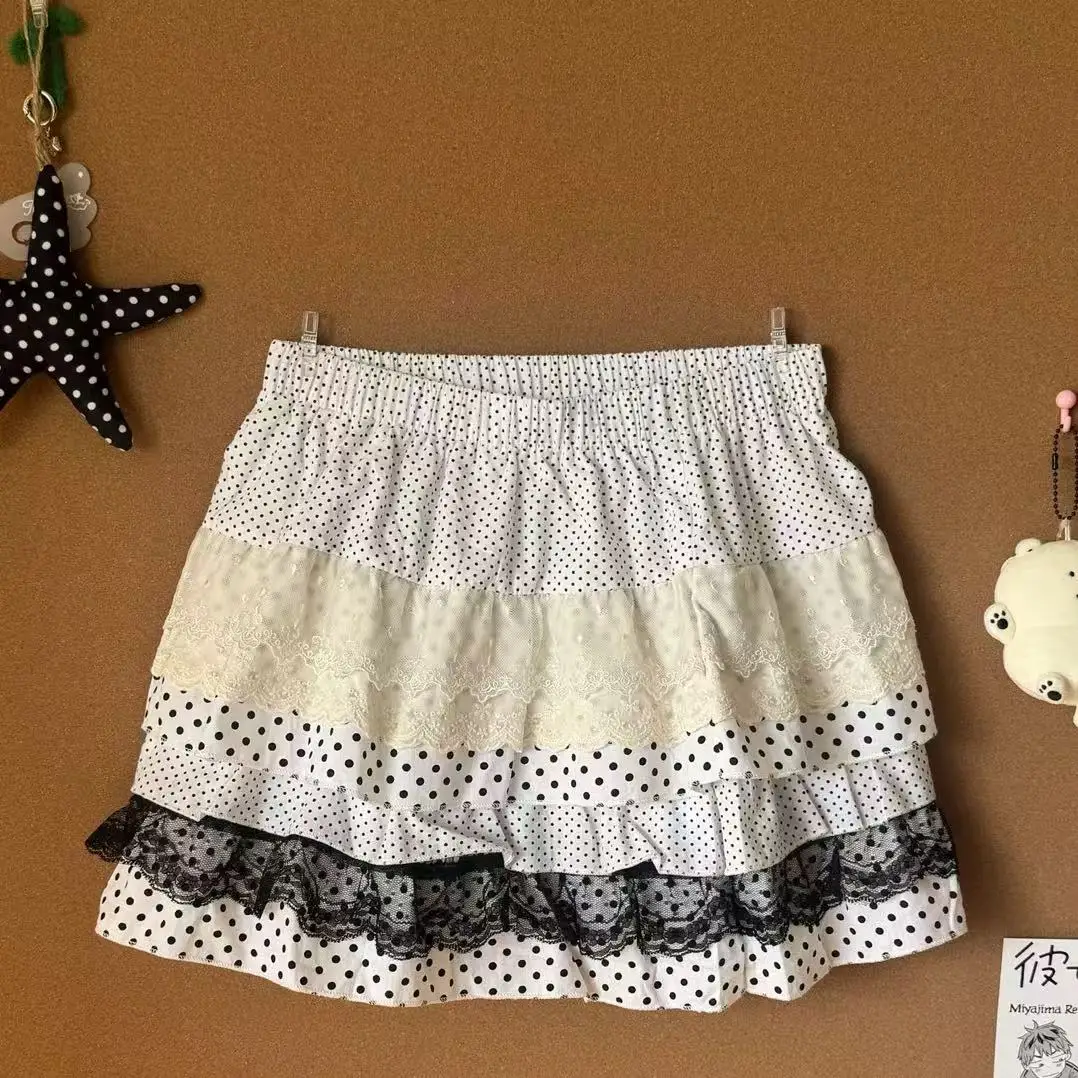 

Y2k Vintage Cute Subculture Polka Dot Cake Women Kawaii Mini Skirt Women Summer Sweet Lace Patchwork Design Casual 2025 New