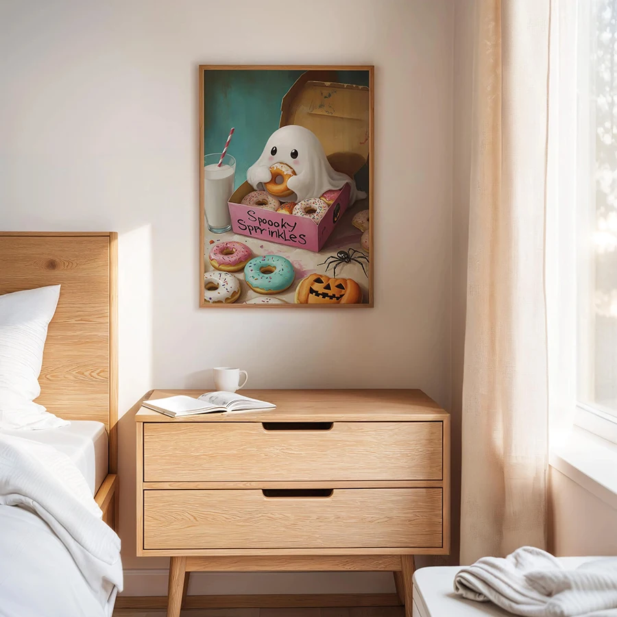 Large Cute Ghost with Donuts Prints Posters, Spooky Sprinkles Halloween Wall arts, Funny Halloween Wall Decor Posters, Unframed